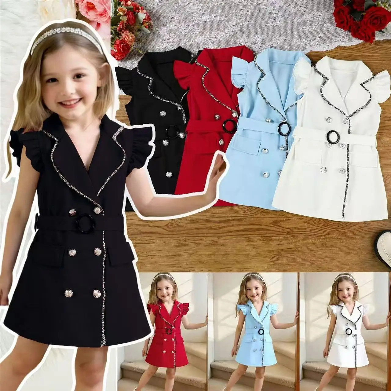 

Летнее платье-двойка для девочек 2026 года в европейско-американском стиле, стильное, с двубортной застежкой и поясом, для малышей и маленьких девочек