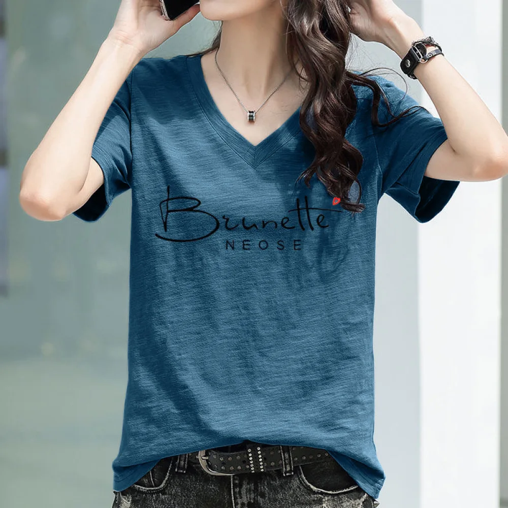 Womens V Neck Tee Shirt Summer Short Sleeve Cotton Slub Top Loose Breathable Basic Fashion Soft Comfortable Daily Style Blouse