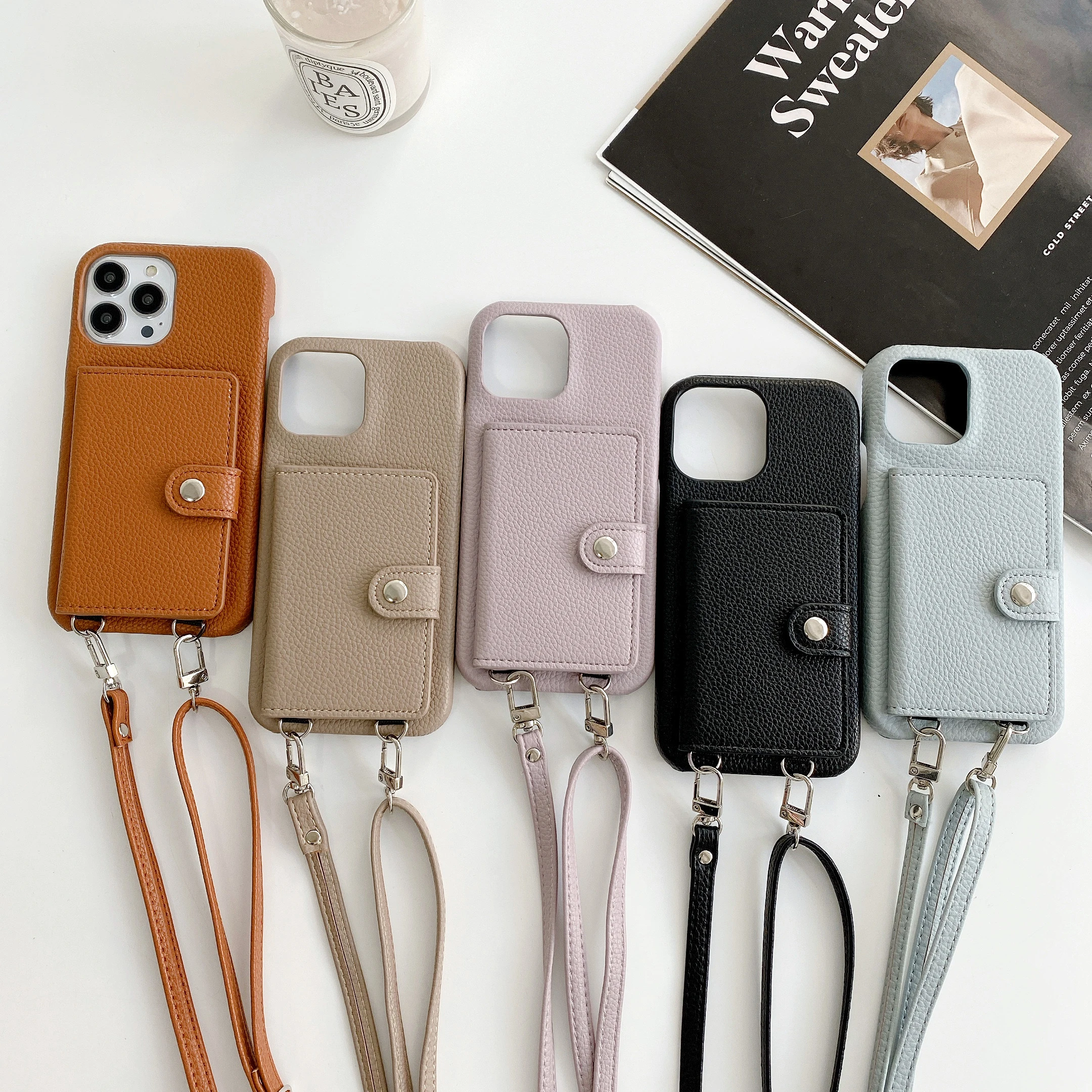 Card Holder Wallet Phone Case for IPhone 14 13 12 11 Pro Max 14promax Lanyard Chain Strap Cord Crossbody Bag Cover