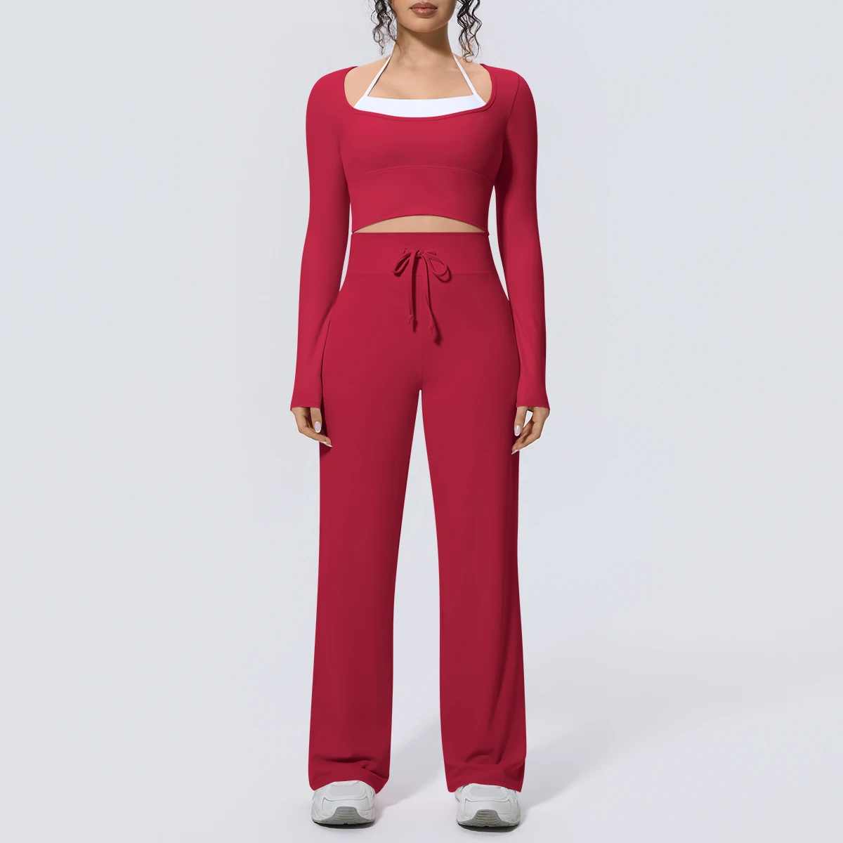 2PCS Yoga Set Long Sleeves Running Top with Chest Pad Solid Color High Waisted Drawstring Yoga Pants Loose Breathable Yoga Set