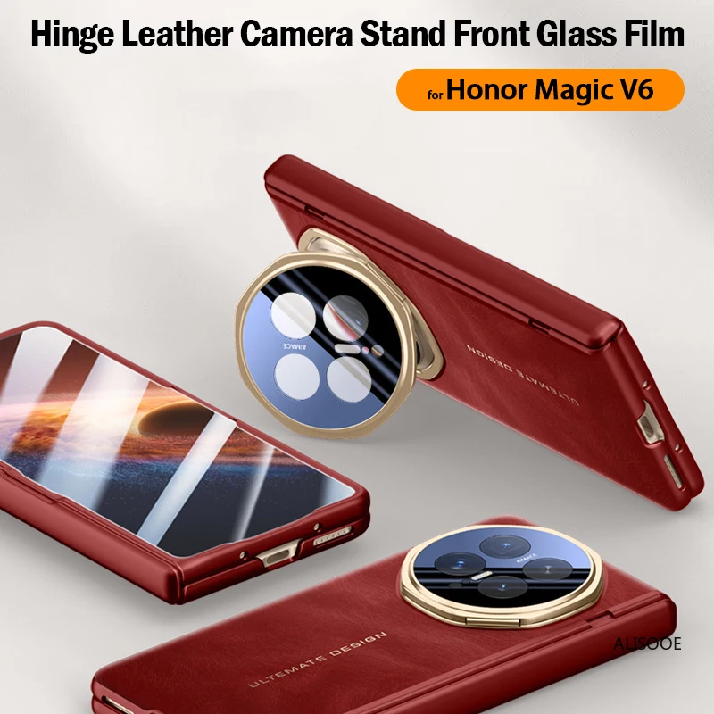 Metal Camera Ring Stand Cover for Honor Magic V6 5G Case Hinge Leather Shockproof Phone Funda Front Screen Glass Film Protector