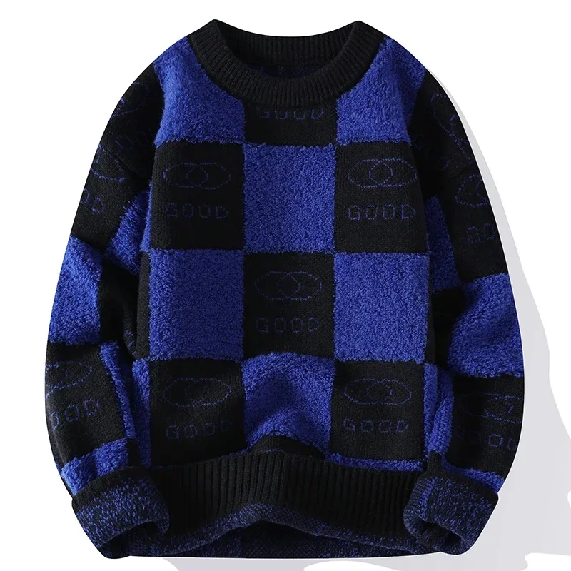 Men\'s Plaid Sweater, High-end Warm and Thick Sweater, Korean Fashionable Street Clothing, Autumn and Winter, 2024 Novelty