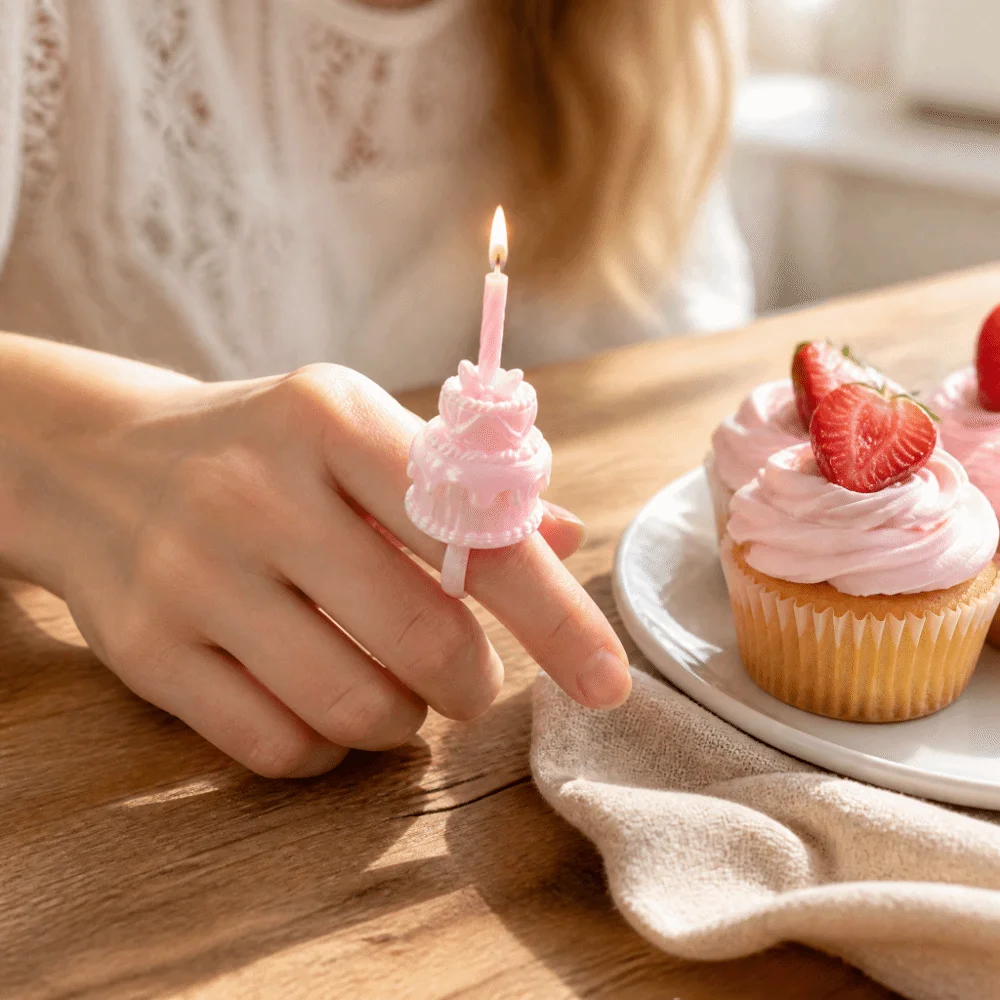 3D Simulation Cake Cake Ring Candle Holder Silk Finish Romantic Finger Ring Candle Stand Novelty Bow Knot Surprise Ring Prop
