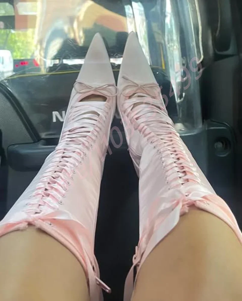 

2025 Pink Satin Bow Tie Women's Boots Spring Pointed Stiletto Street Sweet Catwalk Calf Boots Black Fashion New Party Stage Boot