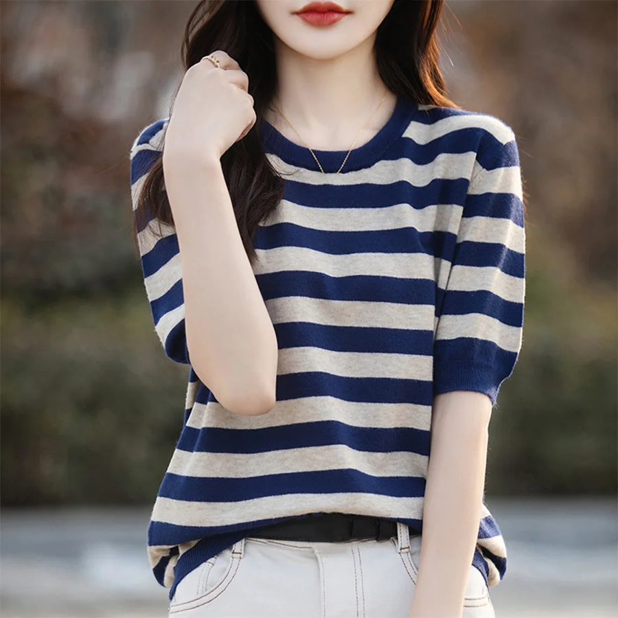 Summer O-Neck Short Sleeve Sweater Knitted Stripe Korea Fashion Pullover Shirt Casual Knit T-Shirt Blouse Girl