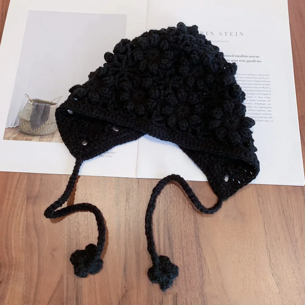 

Breathable Handmade Knitted Hat Crochet Hollow Flower Skullies Hat Fringed Casual Beret Cap for Unisex Girls