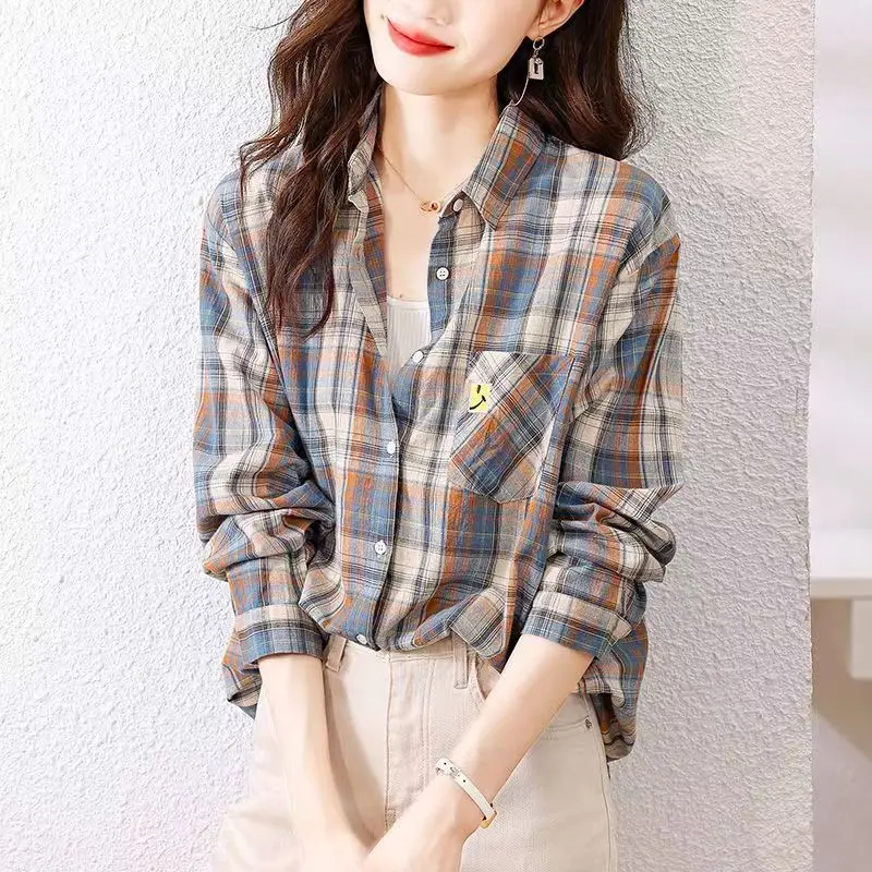 Fashion Printed Spliced Pockets Plaid Shirt Women\'s Clothing 2023 Spring New Loose Casual Tops All-match Office Lady Blouse