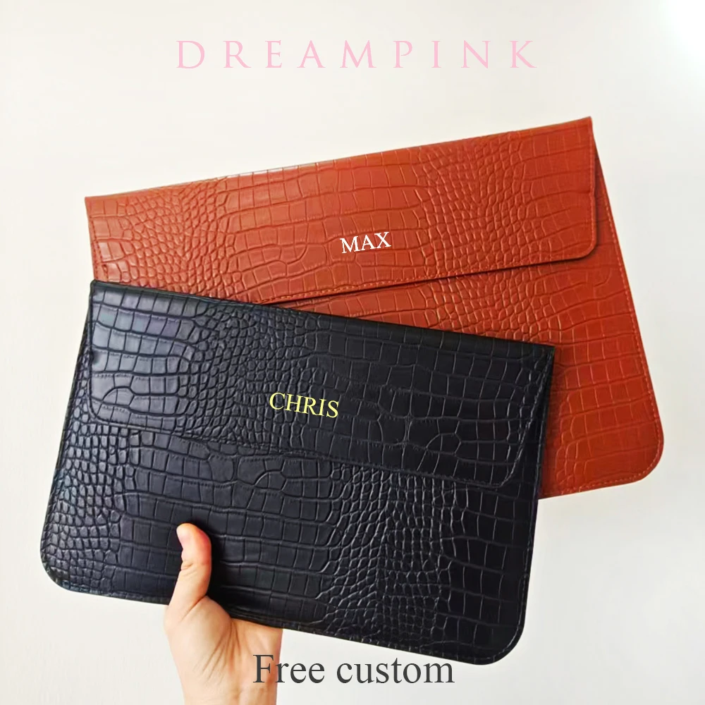 

Custom Name Crocodile PU Leather Men's Laptop Case Luxury Engrave Logo Women 13 14 15 Inch Air Pro Notebook Stand Cover Bag