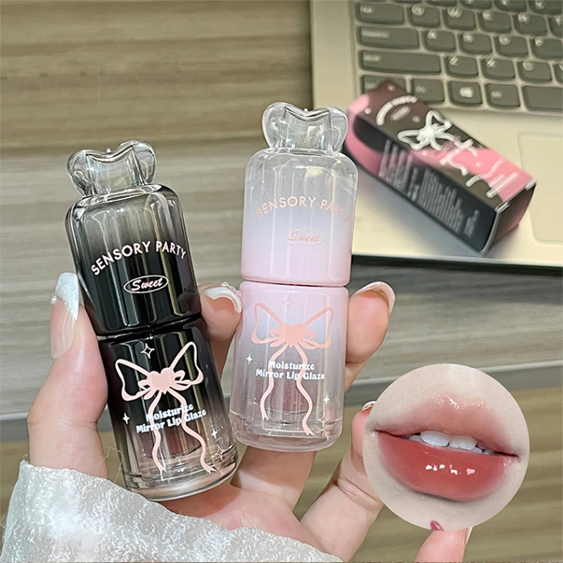 Bowknot Black Pink Mirror Lip Gloss, Non-Cup Staining, Long-Lasting, Hydrating, Brightening, Easy-To-Apply Water Gloss Lipstick