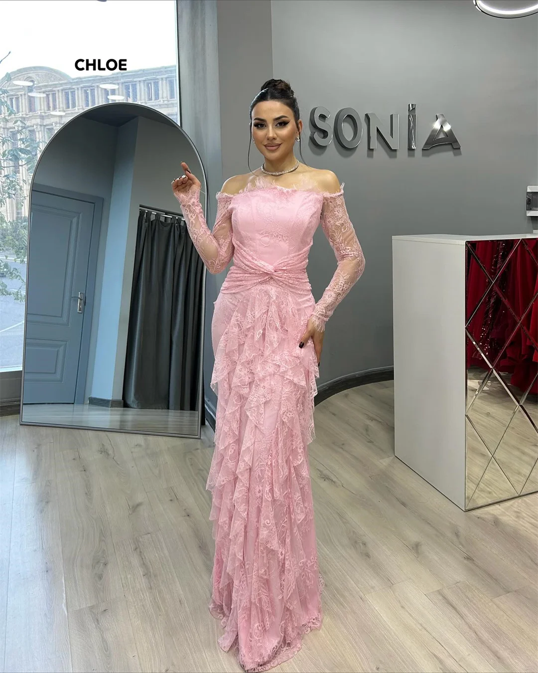 

Pink Elegant Evening Dresses for Woman Party Customized Line A Engagement Dress Long Sleeves Multi-layer Prom Luxury Dresses