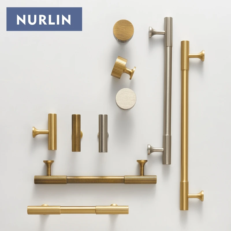 Nurlin Solid Brass Art Deco Style Vertical Lines Linear Kitchen Cabinet Knobs Silver Nickel Drawer Handle Pull