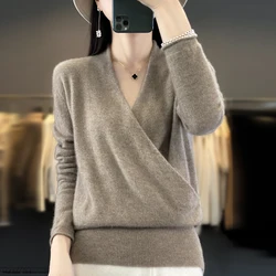 100% lana Cashmere maglione donna Casual scollo a v Pullover 2023 autunno/inverno nuovo lavorato a maglia moda coreana tinta unita Top