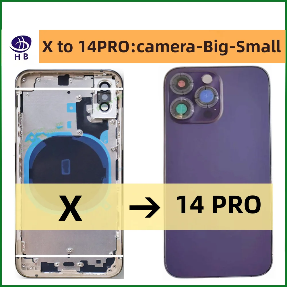 Housing For iPhone X To 14 Pro Big camera High Quality Back Cover With Middle frame Chassis  Battery Case Replace x like 14pro