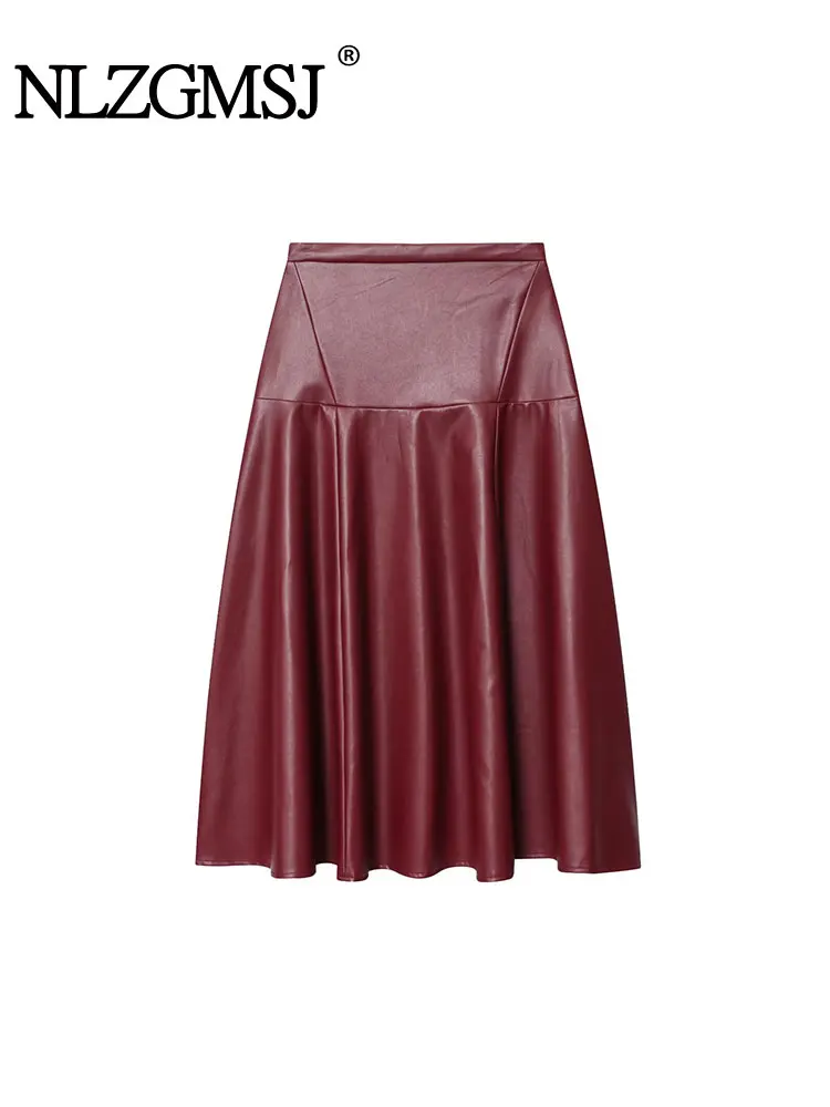 

NLZGMSJ Women's Autumn PU Leather Skirt Fashion Long Skirts Solid Color Office Lady Midi Skirts Elegant High Waist Party Skirt