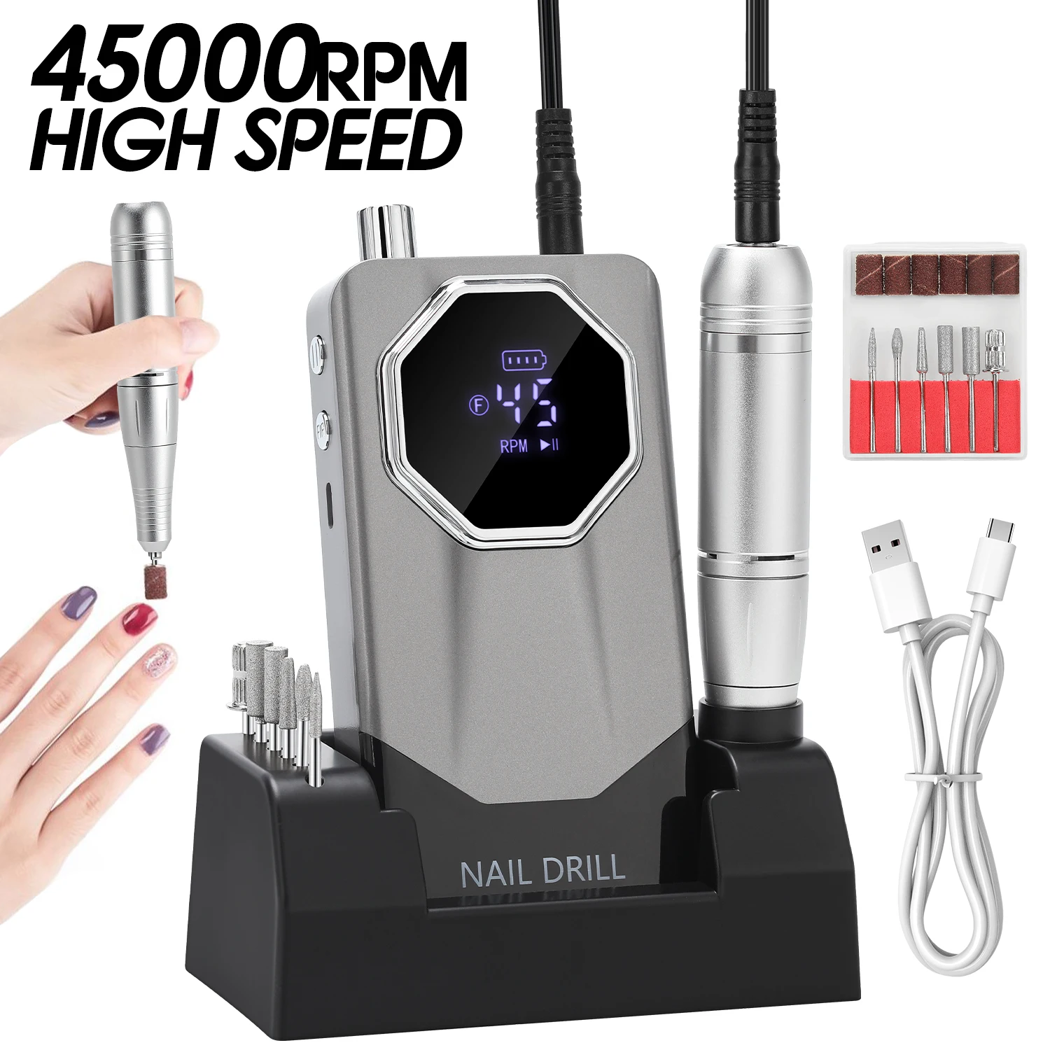 Professional 45000RPM Nail Drill Machine Kit Rechargeable Portable Electric Nail File For Manicure Acrylic Nails with Stand