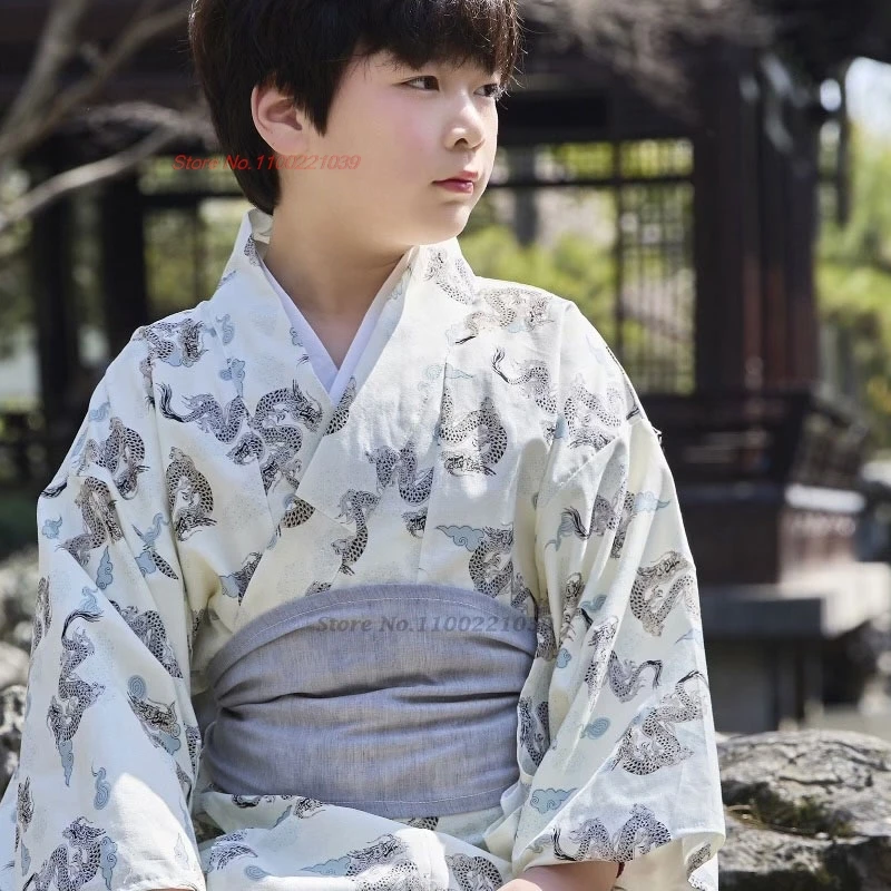 2025 japanese traditional yukata kimono children japanese robe geisha dragon print kimono belt+belt set festival cosplay costume