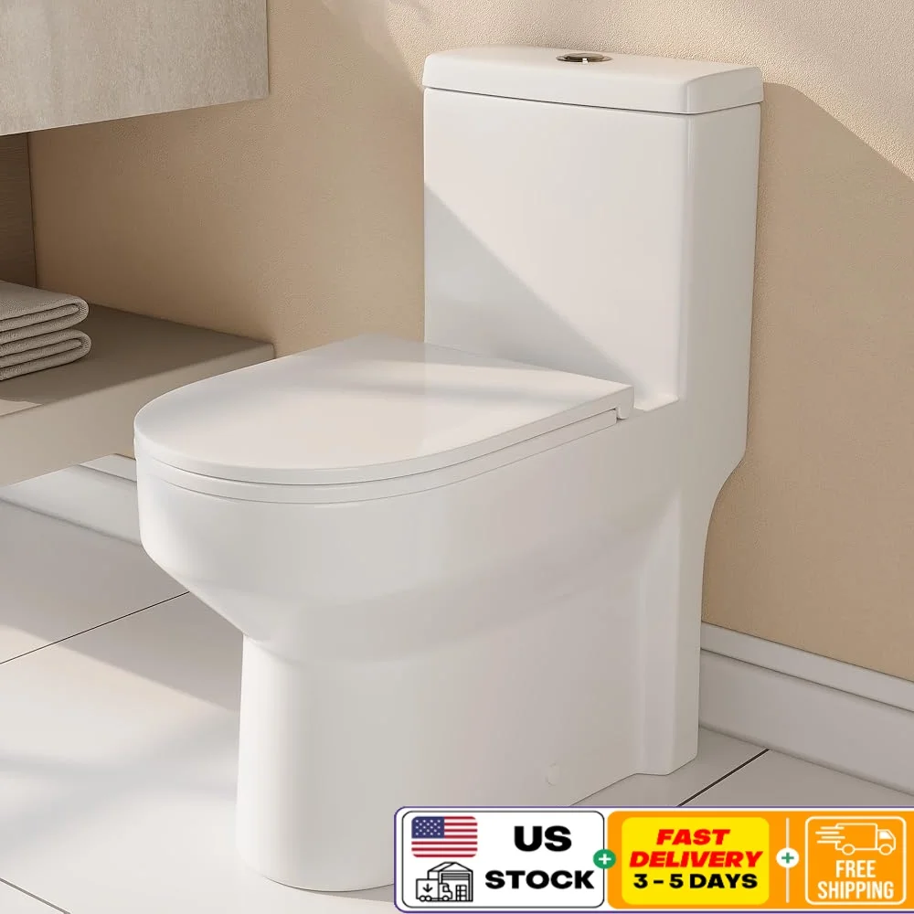 

Compact One-Piece Toilet Space-Saving Modern Design Efficient Dual Flush 0.8 1.28 GPF Soft-Close Seat Quiet Bathroom Install