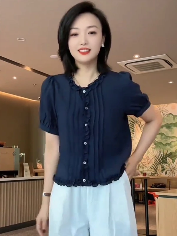 

Elegant round Neck Short Sleeve Women's Shirt Single Button Versatile Top Summer New Arrival Casual Luxury Style Loose Fit