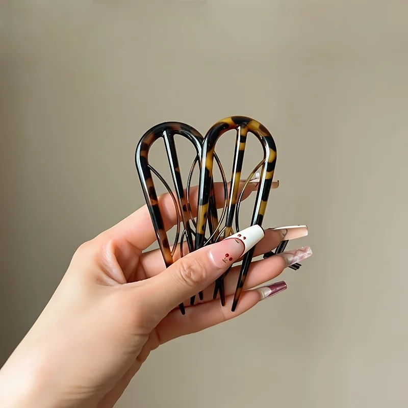 

[Essential for Home Use] 2-piece crystal U-shaped hair clips, elegant and simple oval leopard print hair accessory, suitable for Valentine's Day and applicable throughout the year, (OPP bag)