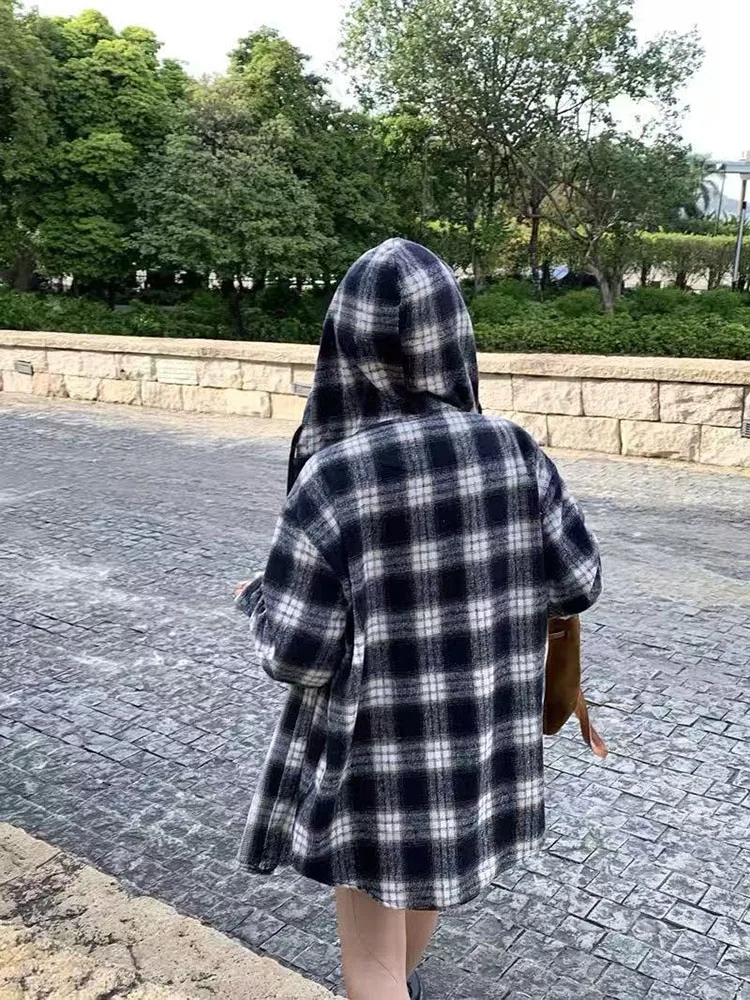 Vintage Faux Wool Hooded Sweatshirt Women Autumn Winter Loose Lazy Style Plaid Blouse Bf Japanese All Match Long Sleeved Top