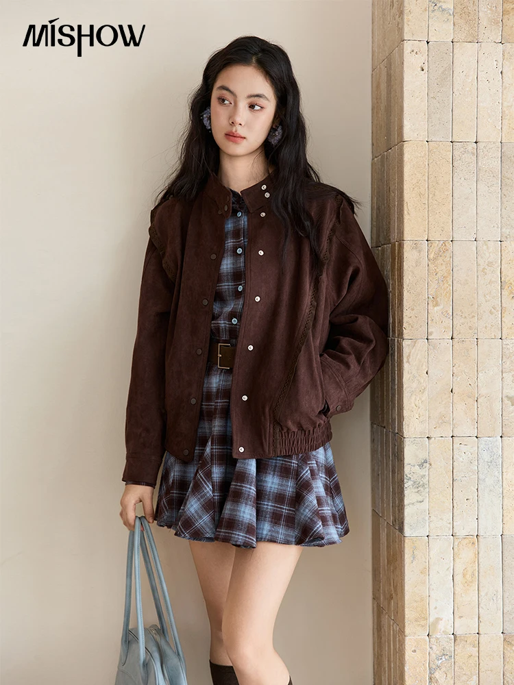 

MISHOW женские куртки 2021, зима-осень, коричневая замшевая куртка в стиле ретро, свободное короткое пальто с воротником-стойкой и длинными рукавами MXE48W0890