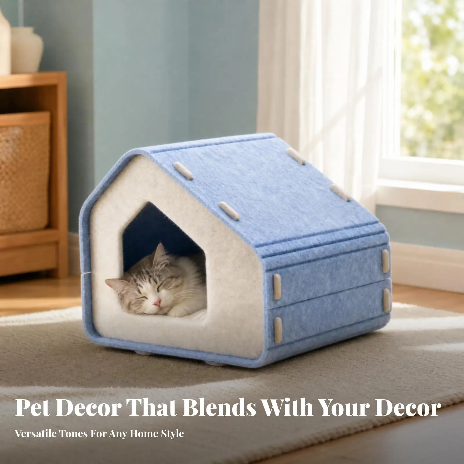 Cute Felt Cat House Bed with Sloped Scratching Roof for Playful Kitties and Small Pets