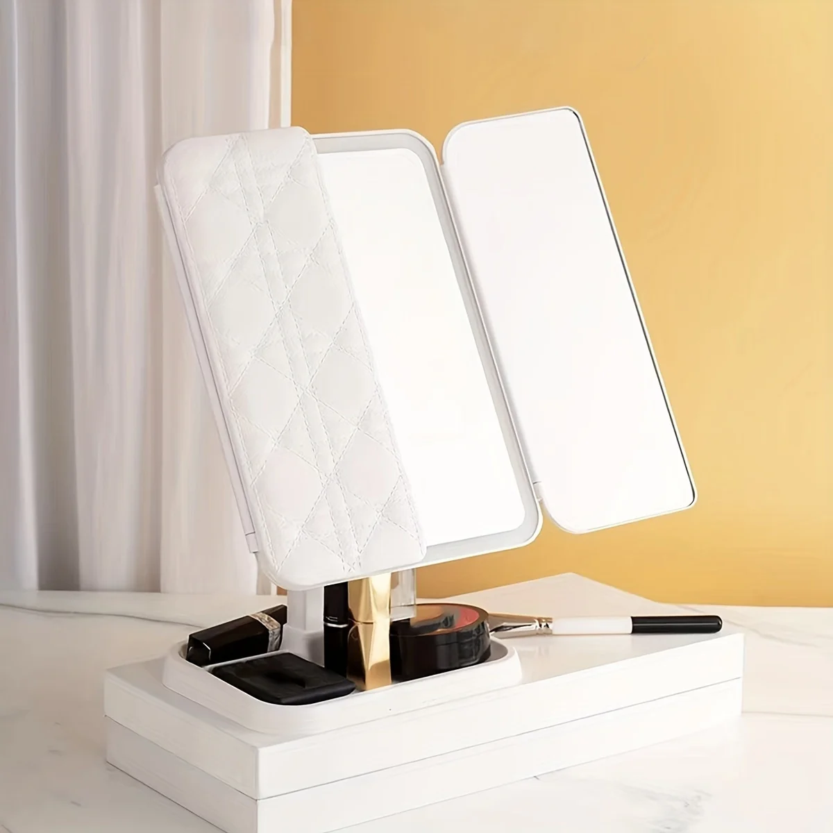 1pc Folding Vanity Mirror, LED Tri-fold Desktop Makeup Mirror With Stand,  Screen Dimming, Suitable For Makeup And Gifts