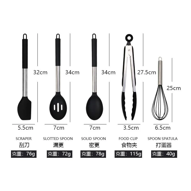 Food-safe stainless steel and silicone cooking utensil set with heat-resistant non-slip handles ideal for non-stick pans include