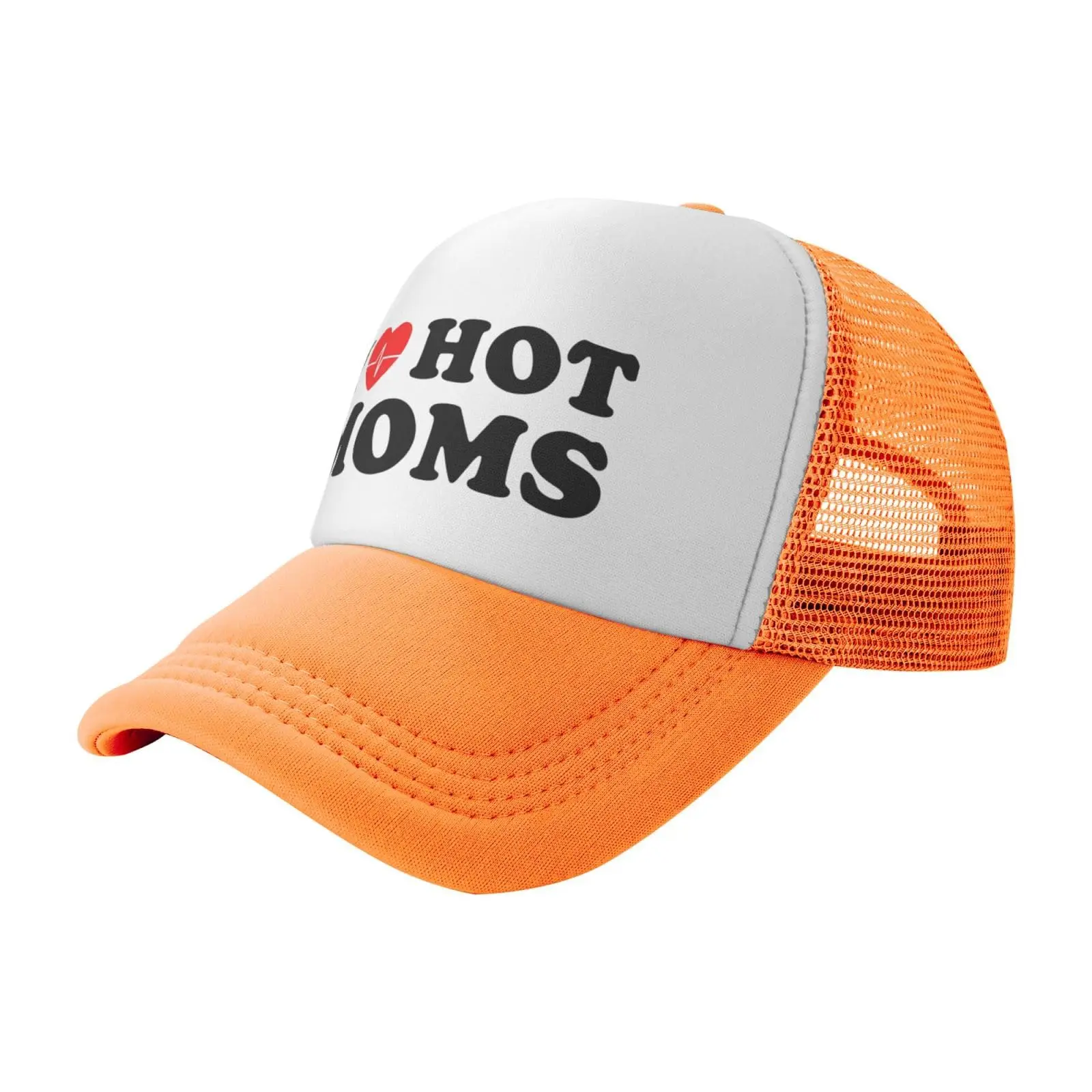 I Love Heart Hot Moms Funny Adjustable Mesh Trucker Hat for Adults Unisex Classic Hats Fishing Caps Orange