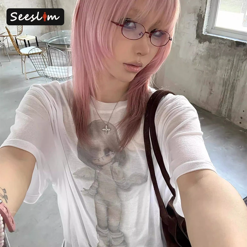 

Seeslim Hotsweet Graphic T Shirts Loose Short Sleeve Korean Fashion Summer Tops 2000s Clothes Y2k Print Tees Female Clothing