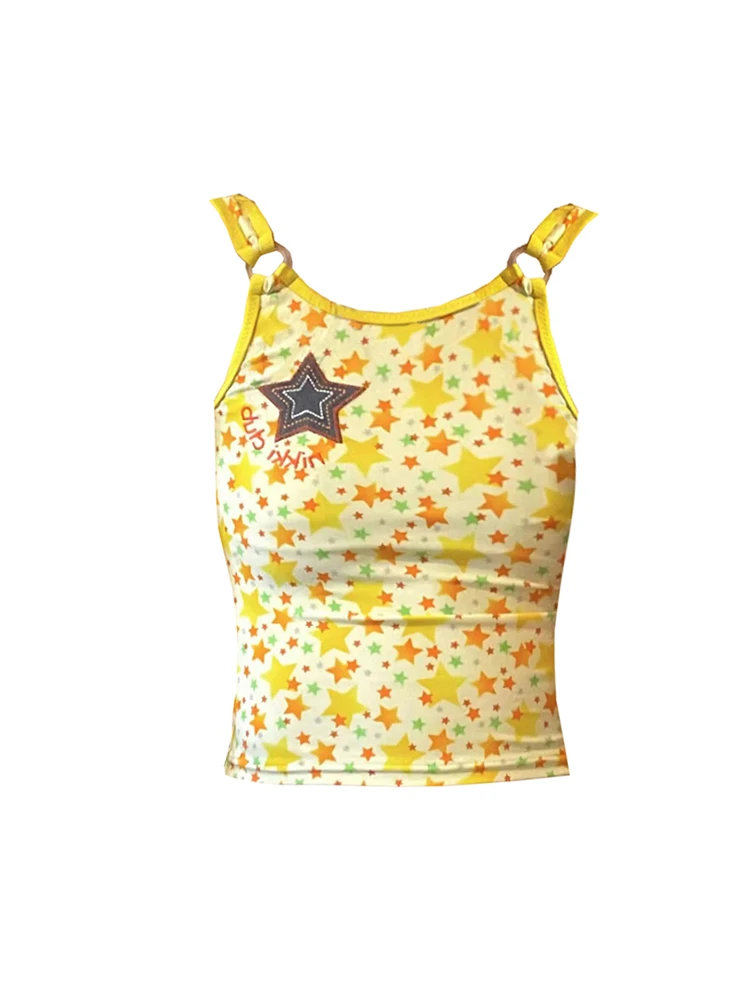 Women Yellow Graphic Print Crop Top with Star Vest 90s Aesthetic Corset Top Sleeveless Off Shoulder Y2k Tank Tops 2000s Clothes