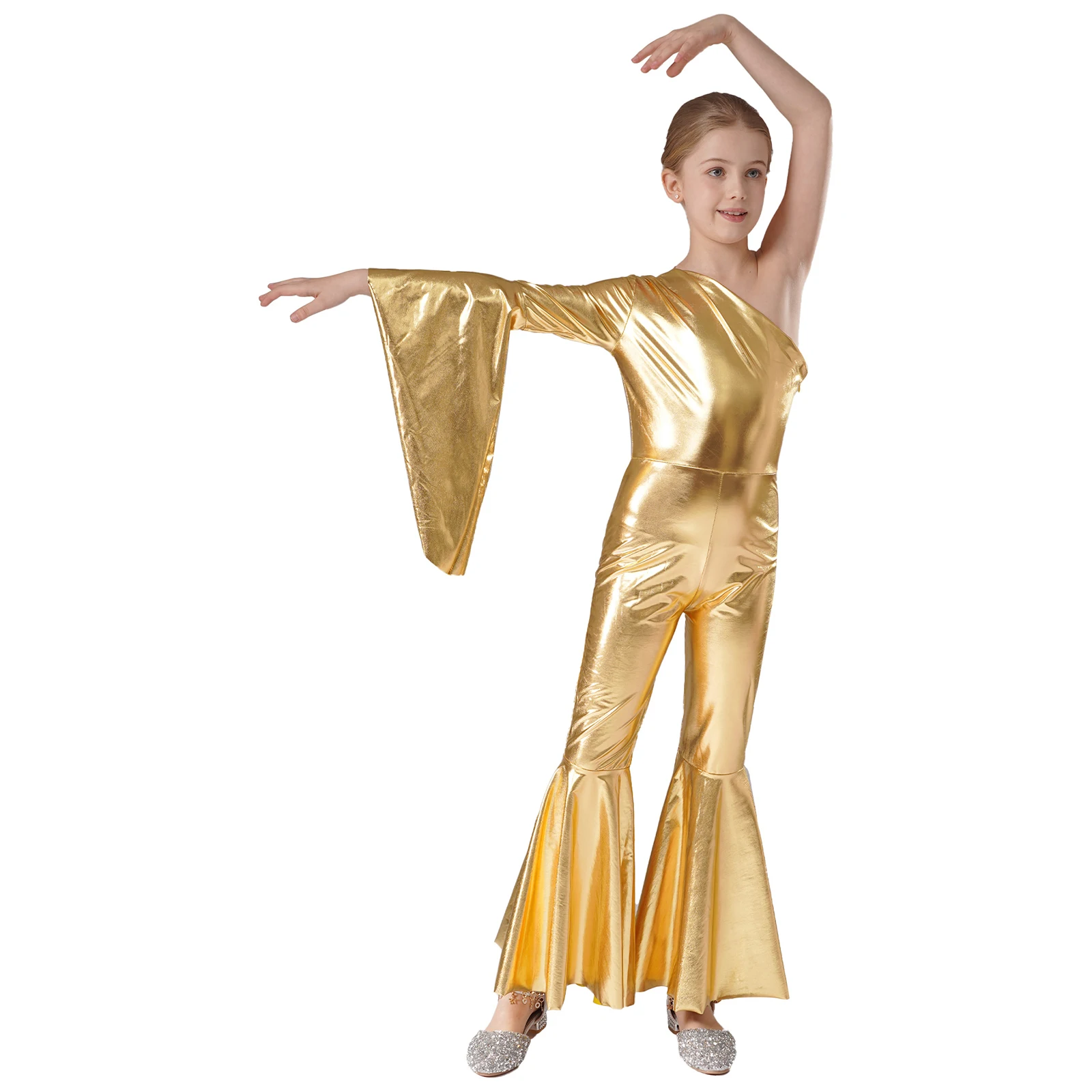 Girls Metallic Shiny Disco Bell-Bottom Jazz Dance Performance Jumpsuit Flare Sleeve Bodysuit Carnival Party Show Costume