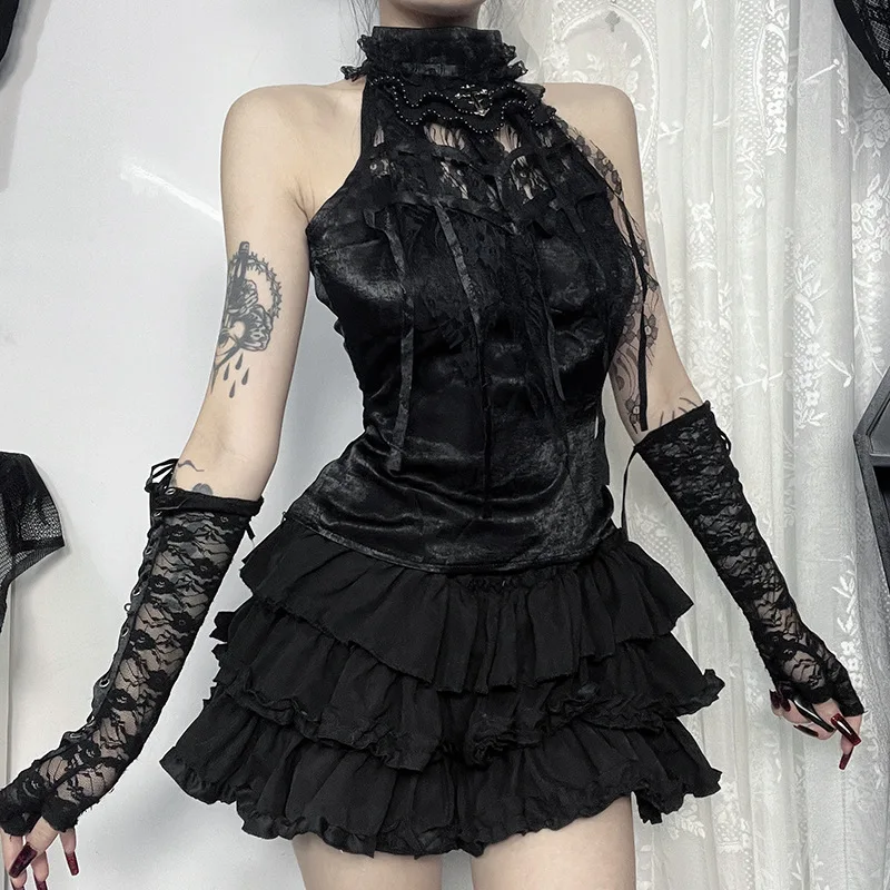 Goth Dark Harajuku Модная уличная одежда без рукавов Кружевные лоскутные женские майки Cyber Y2K Тонкий жилет с высоким воротом Альтернативная готическая ткань