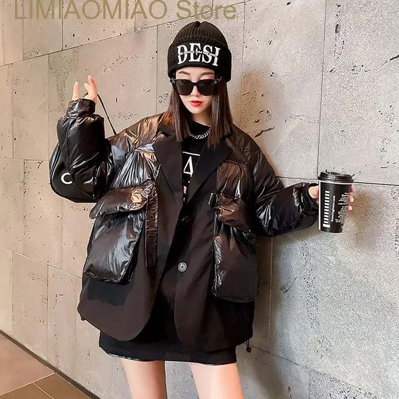 Female Short Lightweight Parkas Winter Women Notched Collar Fake Two-piece Patchwork Down Cotton-padded Coat Casual Long Sleeve