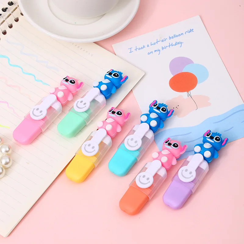 1 Set Disney Stitch Cartoon 6-color Highlighter Pen Cute Graffiti Handbook Pen with Bag Student Stationery Kids Christmas Gifts