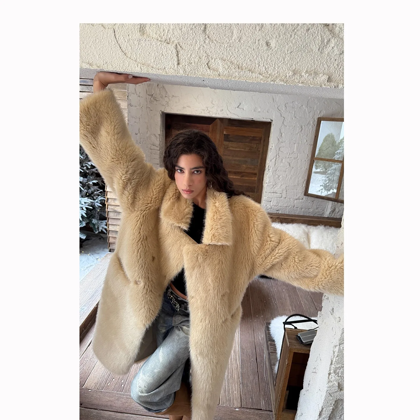 سترة نسائية شتوية من الفرو الصناعي من KIDCRKJ بياقة كاكي وطية صدر واحدة معطف فرو صديق للبيئة للسيدات ملابس خارجية طويلة بمزاجية للسيدات #4