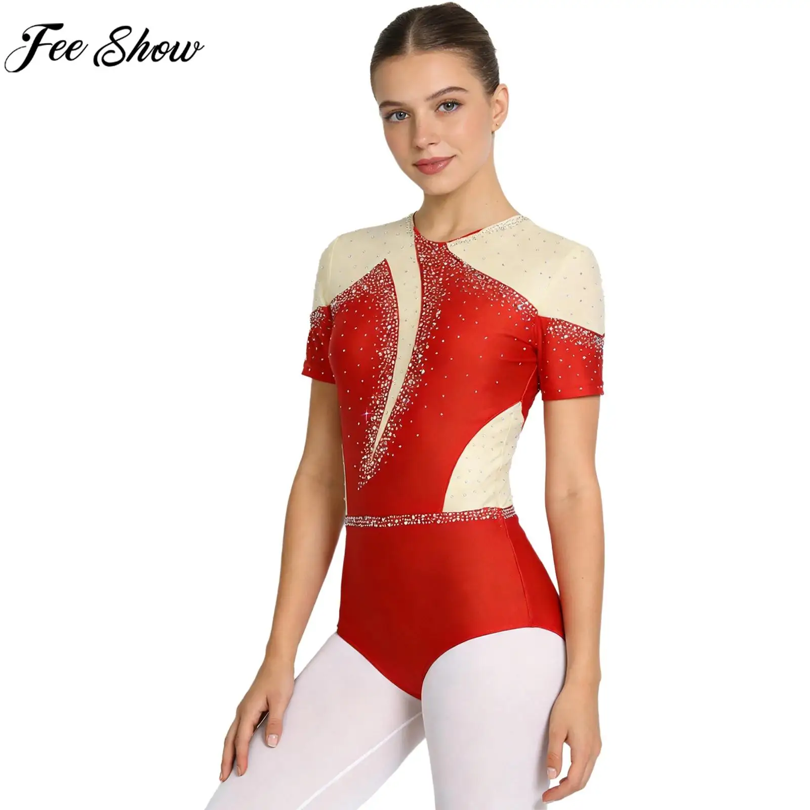 

Женский купальник для фигурного катания, танцев, художественной гимнастики, акробатики, балета, боди с короткими рукавами и стразами, прозрачный сетчатый комбинезон