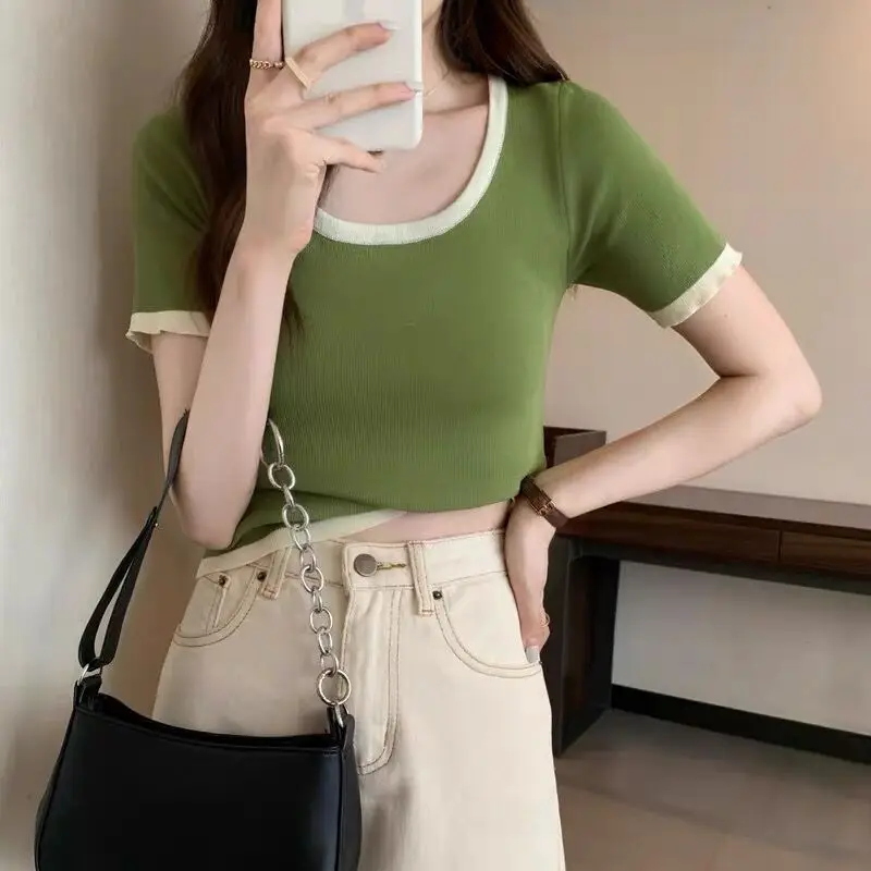 

Women's Knitted ort Slimming T-irt Spring Season Ultra-Thin Tee-Quarter Sve Regular Fit Single Piece Summer Faion