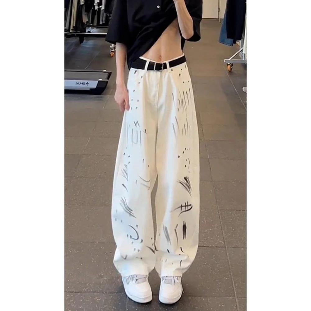 

White fiti Wide Leg Jeans Men Summer Thin Unique Design Trendy Haome Pants Slimming Loose Straight Cut Jeans