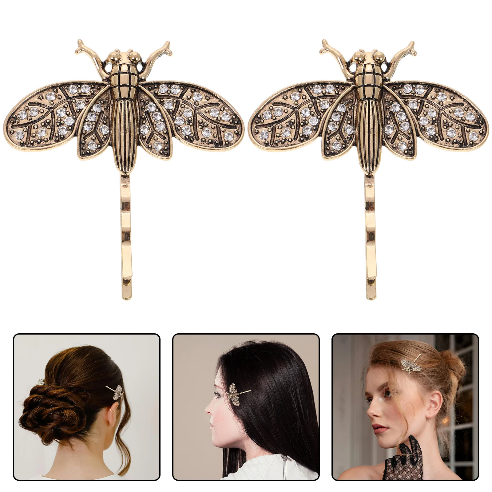 

2Pcs Vintage Dragonfly Hair Clip Rhinestone Decorative Hairpins Small Barrettes for Women Party Supplies Accessories