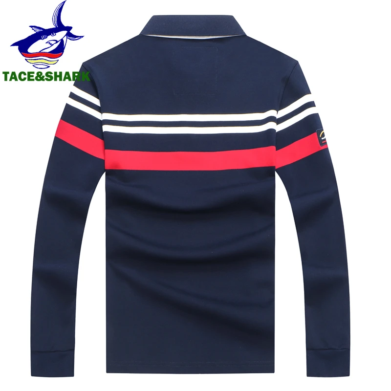 TACE&SHARK Brand Shark Embroidery Long Sleeve Polo Tops Casual Fashion Stripe Men Slim Polo Casual Business Clothes