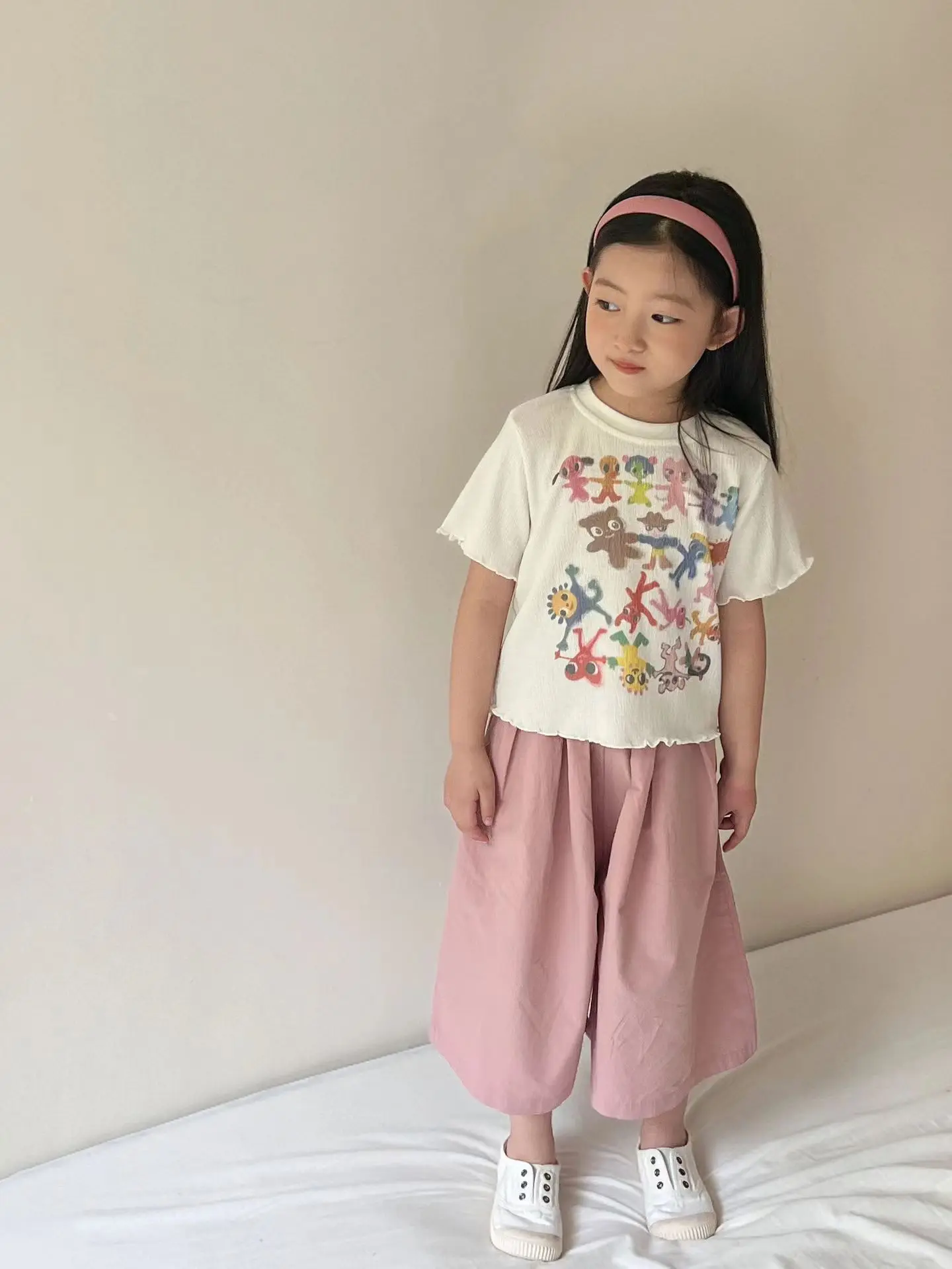 Children's clothing girl summer short sleeved T-shirt 2024 new children's printed cartoon round neck stylish top T-shirt and pan