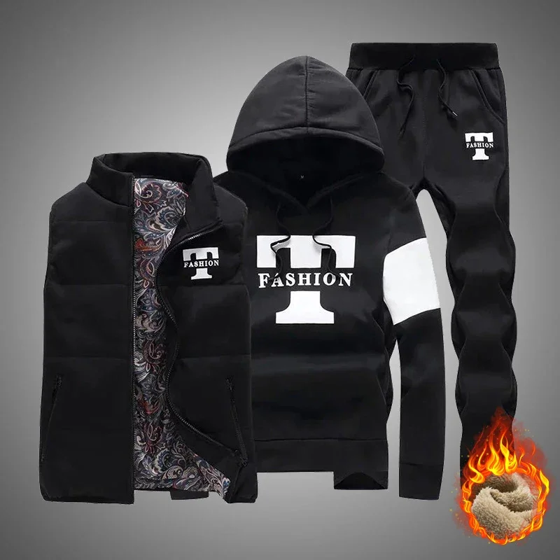 3 قطع مجموعة هوديس سترة السراويل الرجال عادية بذلة رياضية الملابس معاطف الشتاء سميكة الدافئة رياضية للرجال المطبوعة الرجال مجموعة سترة