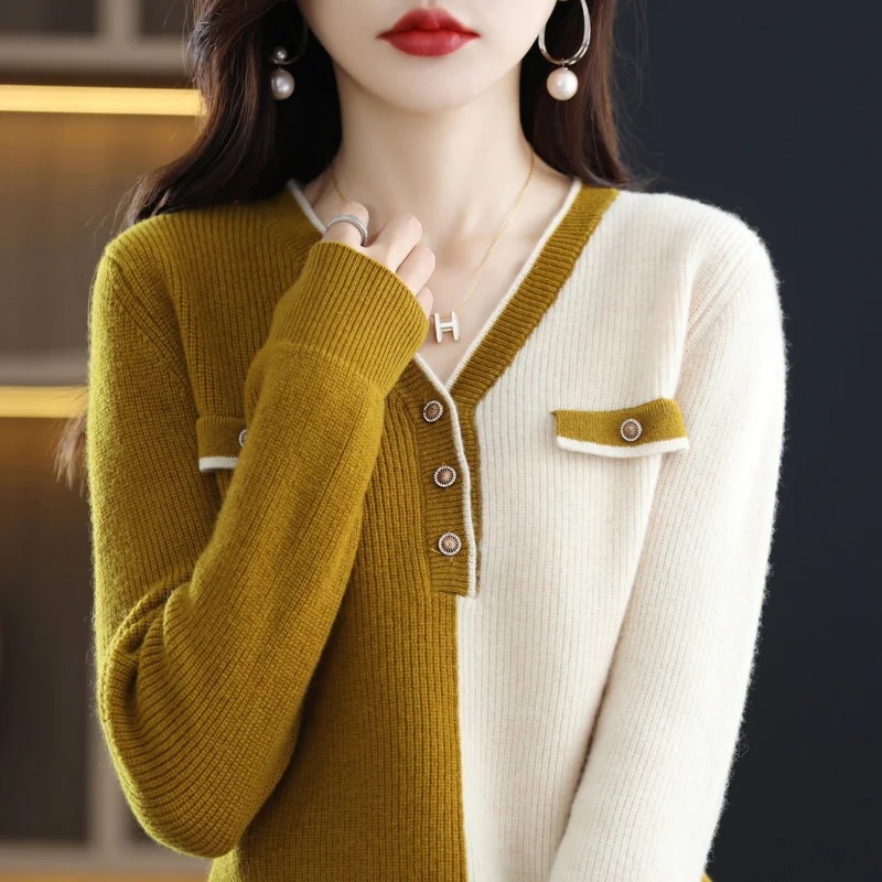 

Popular V-Neck Color Blocking Foreign Style Knitwear Autumn And Winter Korean Version False Pocket Sweater Casual Bottoming Top