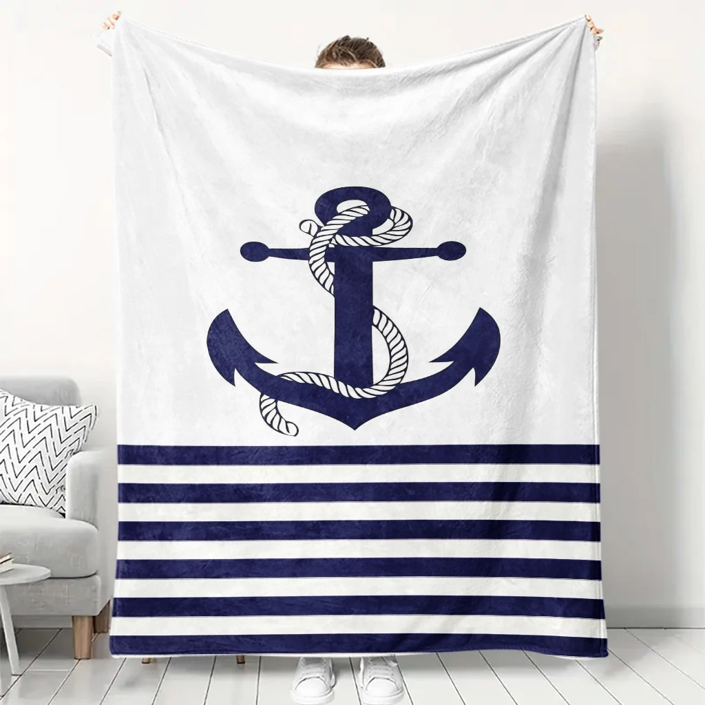 Simple Navy Anchor Rope Horizontal Stripe Marine Pattern Flannel Throw Blanket, Warm Cozy Blanket, Nautical Coastal Room Gift