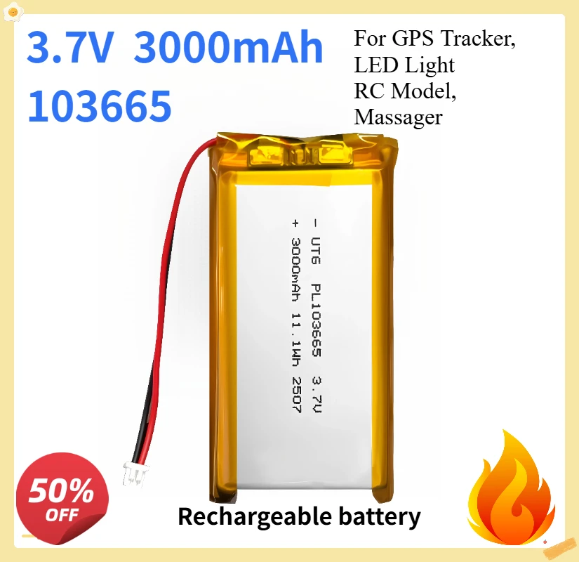 103665 Certified Polymer Lithium Battery 3000mAh 3.7V Rechargeable Li-ion Cell For GPS Tracker LED Light RC Model Massager