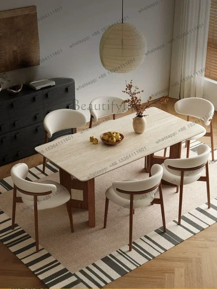 Medieval travertine rock slab dining table French retro home high-end rectangular dining table dining table and chairs furniture