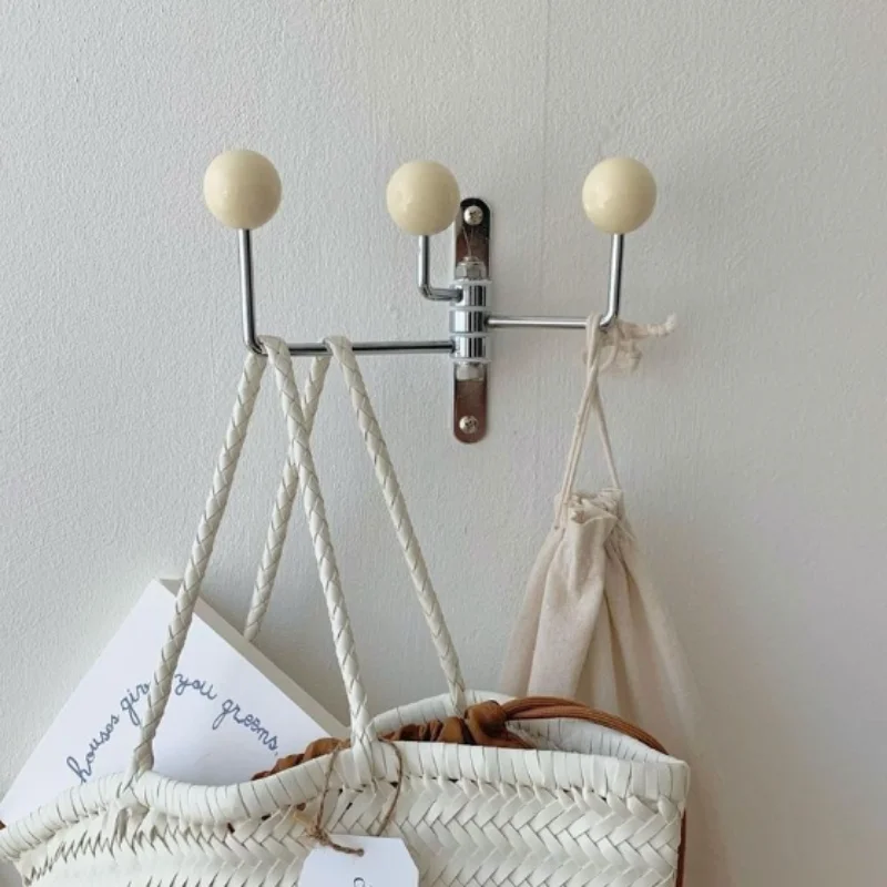 Iron Rotatable Four Hook Clothes Coat Rack Bag Hanger Cute Room Decor Housekeeper on Wall Home Storage Organizer Wood Ball Hooks