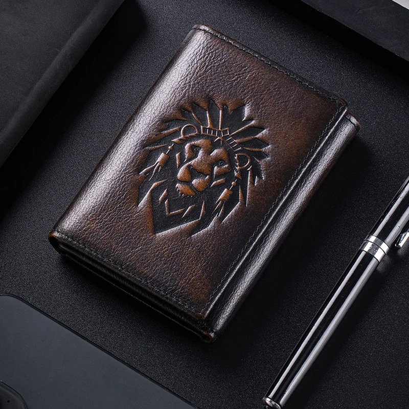 Vintage Genuine Leather Short Wallet For Men Unique Creative Embossing RFID Blocking Card Holder With ID Window Wallets