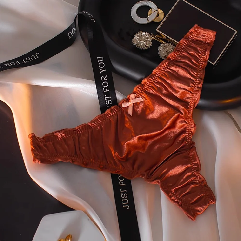 High Elasticity Smooth Stain Silk Cotton Crotch Thong Underwear for Women Ruffles G-string Sexy Ladies Plus Size Bow Lingerie